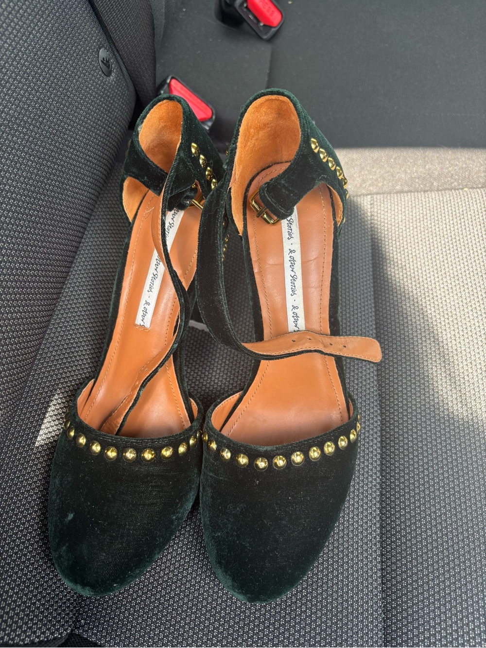 & Other Stories Dark Green Velvet Studded Ankle-Strap Heels